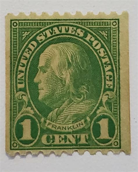 If there are any green specks of ink, the stamp is a flat plate printing and therefore is Scott 552, the unwatermarked 1 Franklin issued January 17, 1923. . Franklin 1 cent stamp green